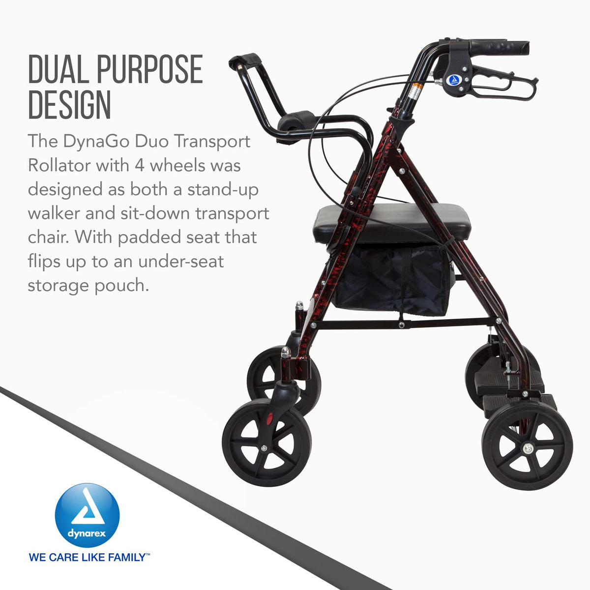 4 Wheel Rollator and Transport Wheelchair with Fold-Down Footrests, Red Frame V50119