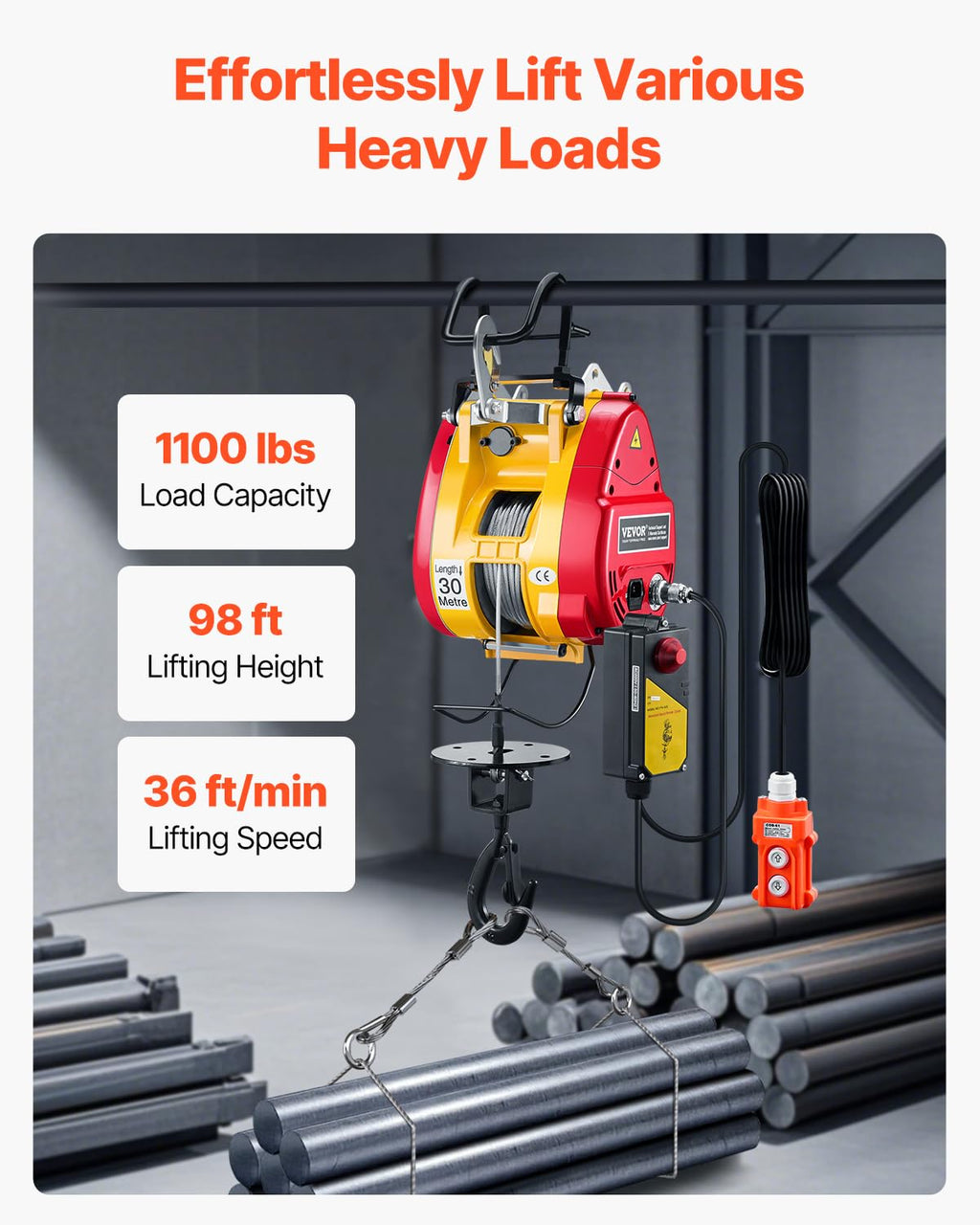1100 lbs 1800W Portable Electric Hoist Winch with Wireless Remote Control Z100482