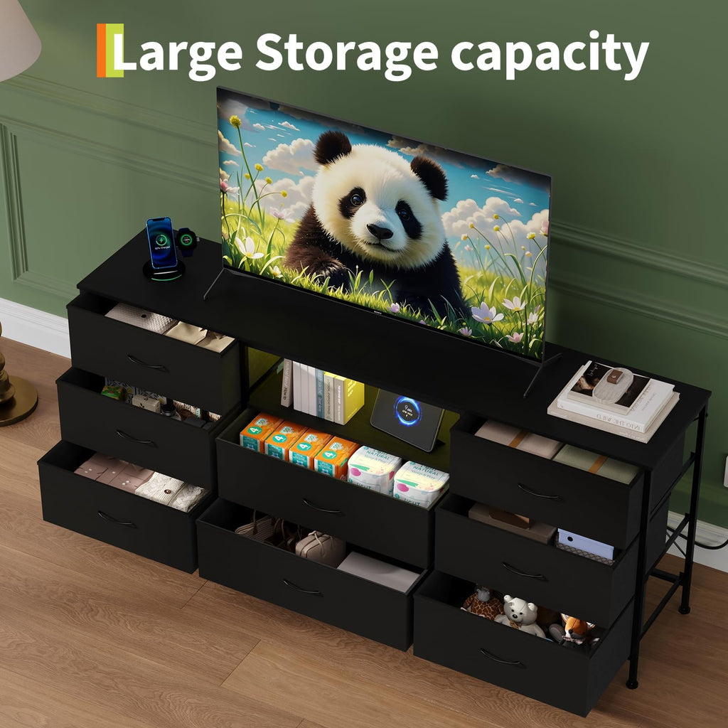 Black LED TV Stand Dresser with 8 Fabric Drawers P968
