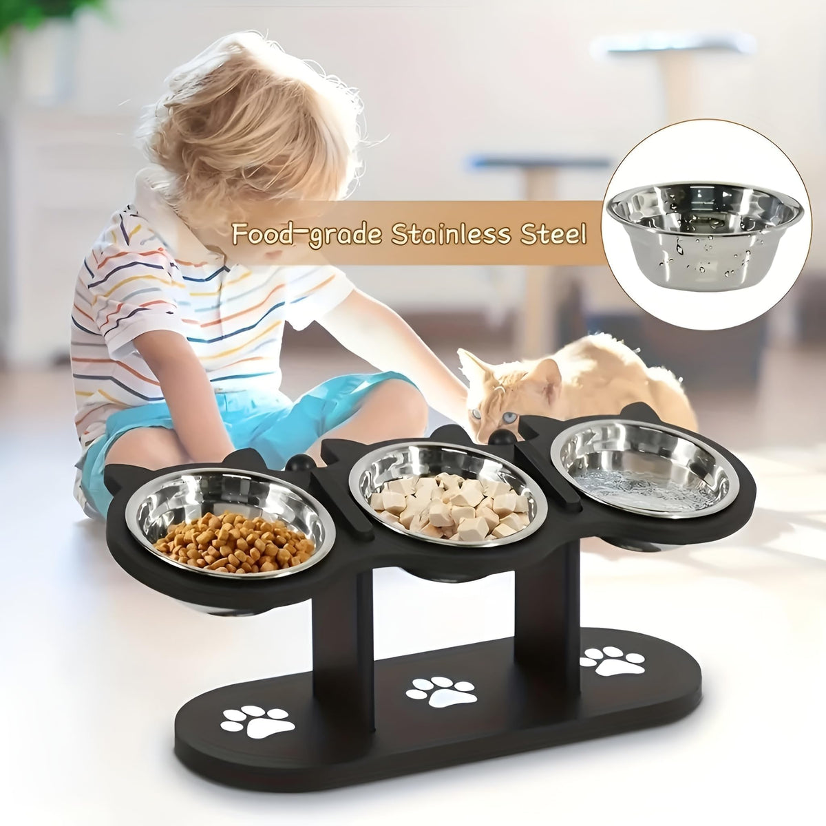 Raised Cat Bowls with 3 Stainless Steel Bowls L24371