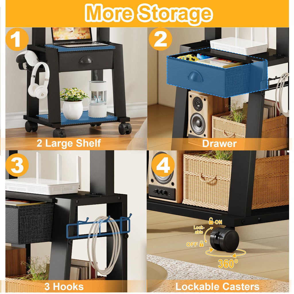 Rolling TV Stand with Storage for 23-60 Inch TVs, Height Adjustable Tilt Mobile TV Mount Cart with Drawer & 2 Shelves K3763