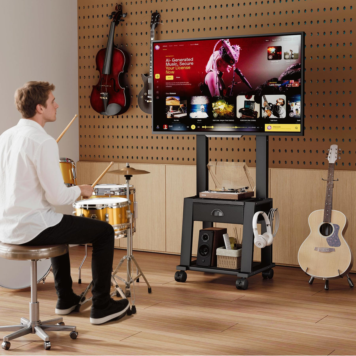 Rolling TV Stand with Storage for 23-60 Inch TVs, Height Adjustable Tilt Mobile TV Mount Cart with Drawer & 2 Shelves K3763