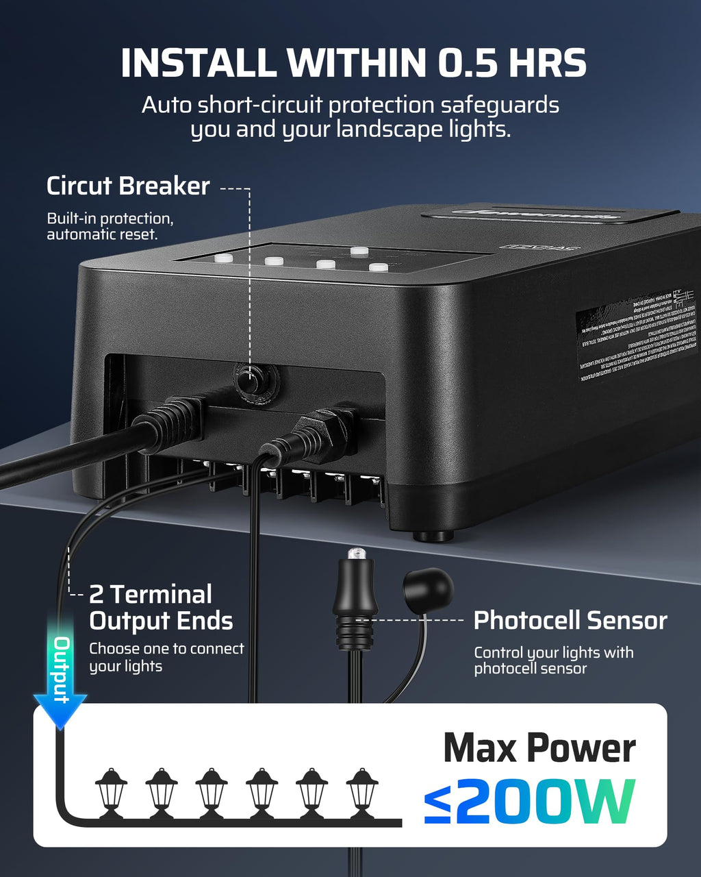 200W Low Voltage Transformer with Photocell Sensor & Timer L697