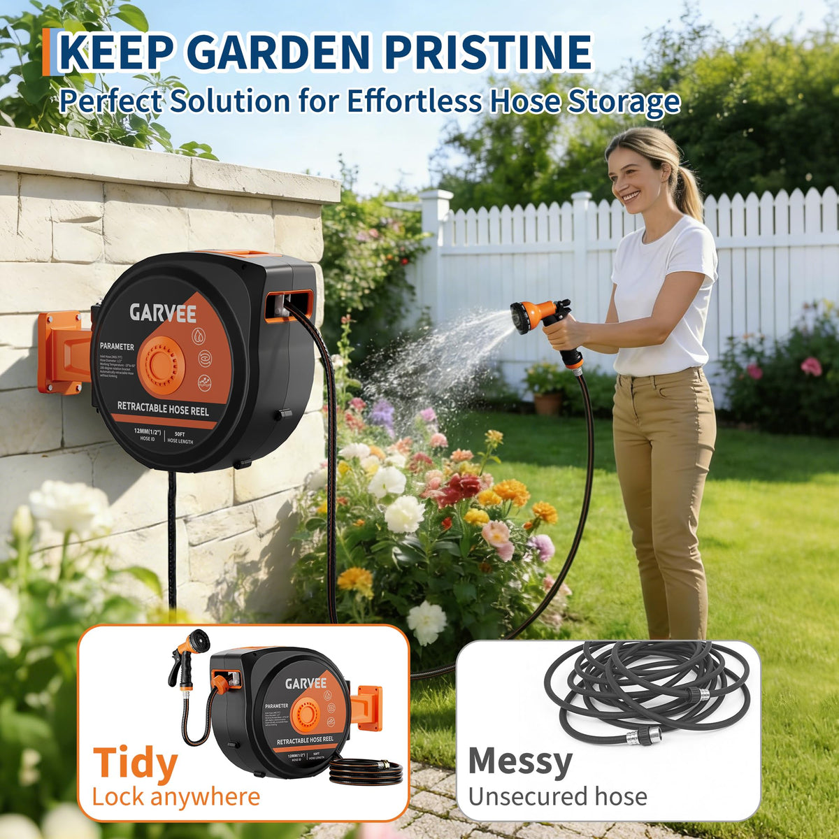 1/2 Inch x 50 ft Wall Mounted Garden Hose Reel with 10 Patterns Nozzle B14102
