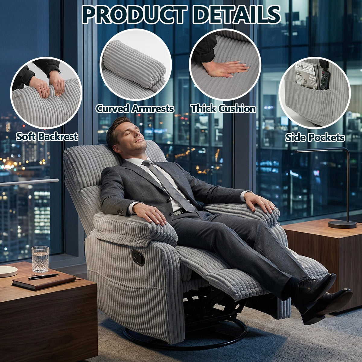 360° Swivel Rocking Corduroy Recliner X416