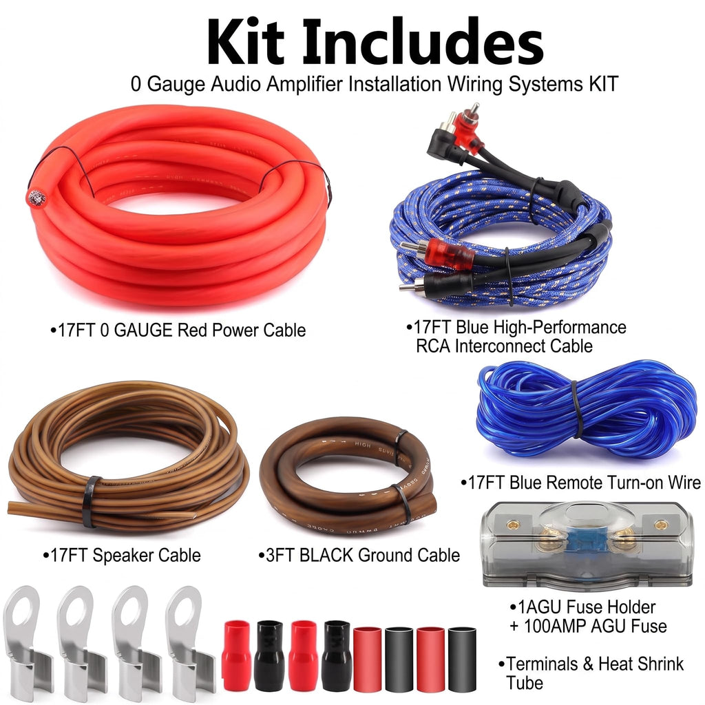0 Gauge Amp Wiring Kit 3000W with 100A Fuse & RCA Cable I715