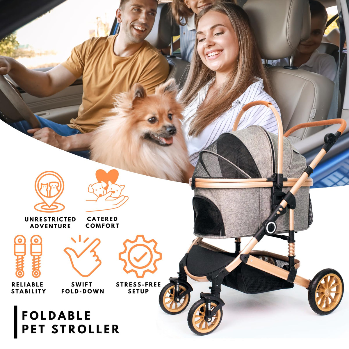 Dog Stroller with Detachable Carrier, Rubber Wheels, 50 lbs, Grey R161