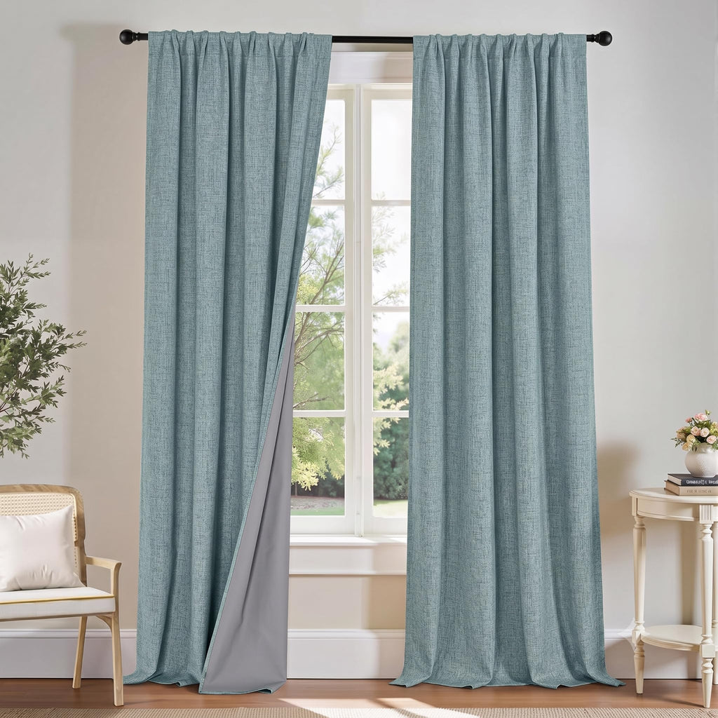 Teal Natural Linen Blackout Curtains 84 inch 2 Panels Set A44754