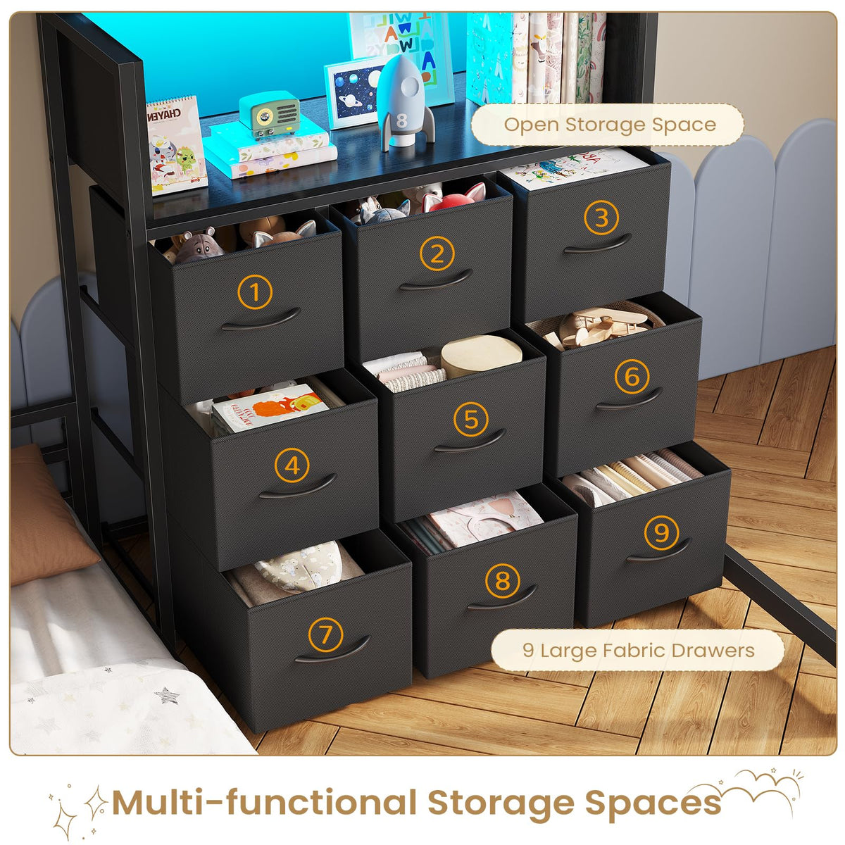 Twin Over Twin L-Shaped Bunk Bed with 9 Storage Drawers, LED Lights, Guardrail & Ladder, Black P864667