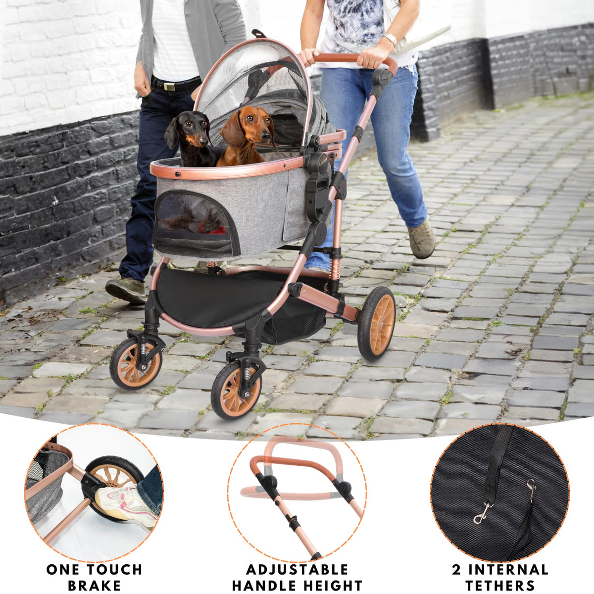 Dog Stroller with Detachable Carrier, Rubber Wheels, 50 lbs, Grey R161