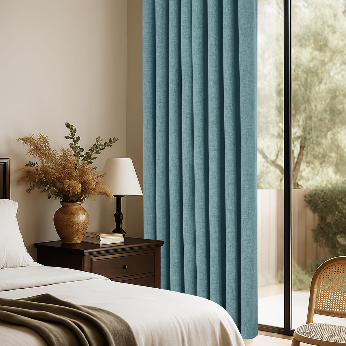 Teal Natural Linen Blackout Curtains 84 inch 2 Panels Set A44754