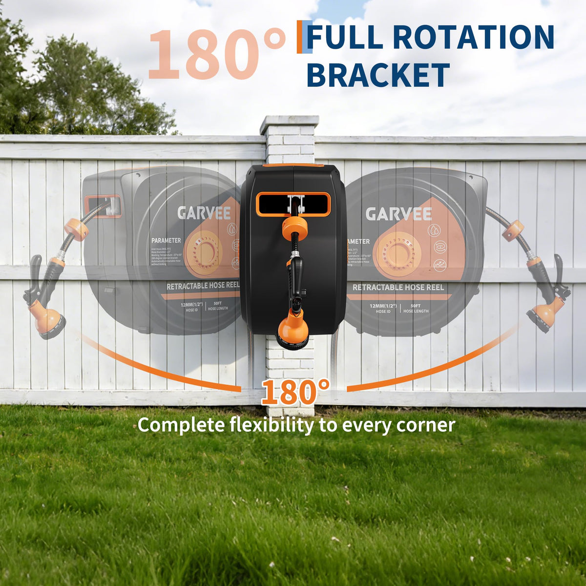 1/2 Inch x 50 ft Wall Mounted Garden Hose Reel with 10 Patterns Nozzle B14102