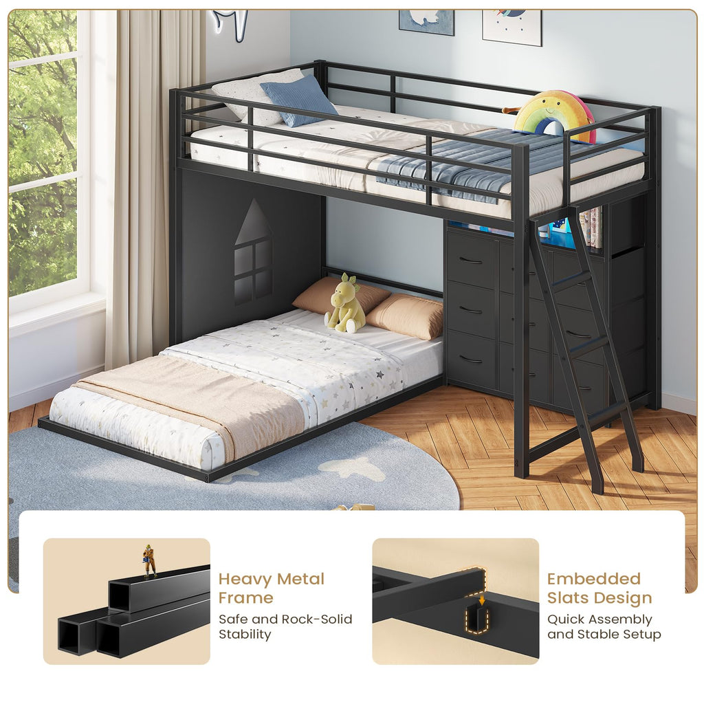 Twin Over Twin L-Shaped Bunk Bed with 9 Storage Drawers, LED Lights, Guardrail & Ladder, Black P864667
