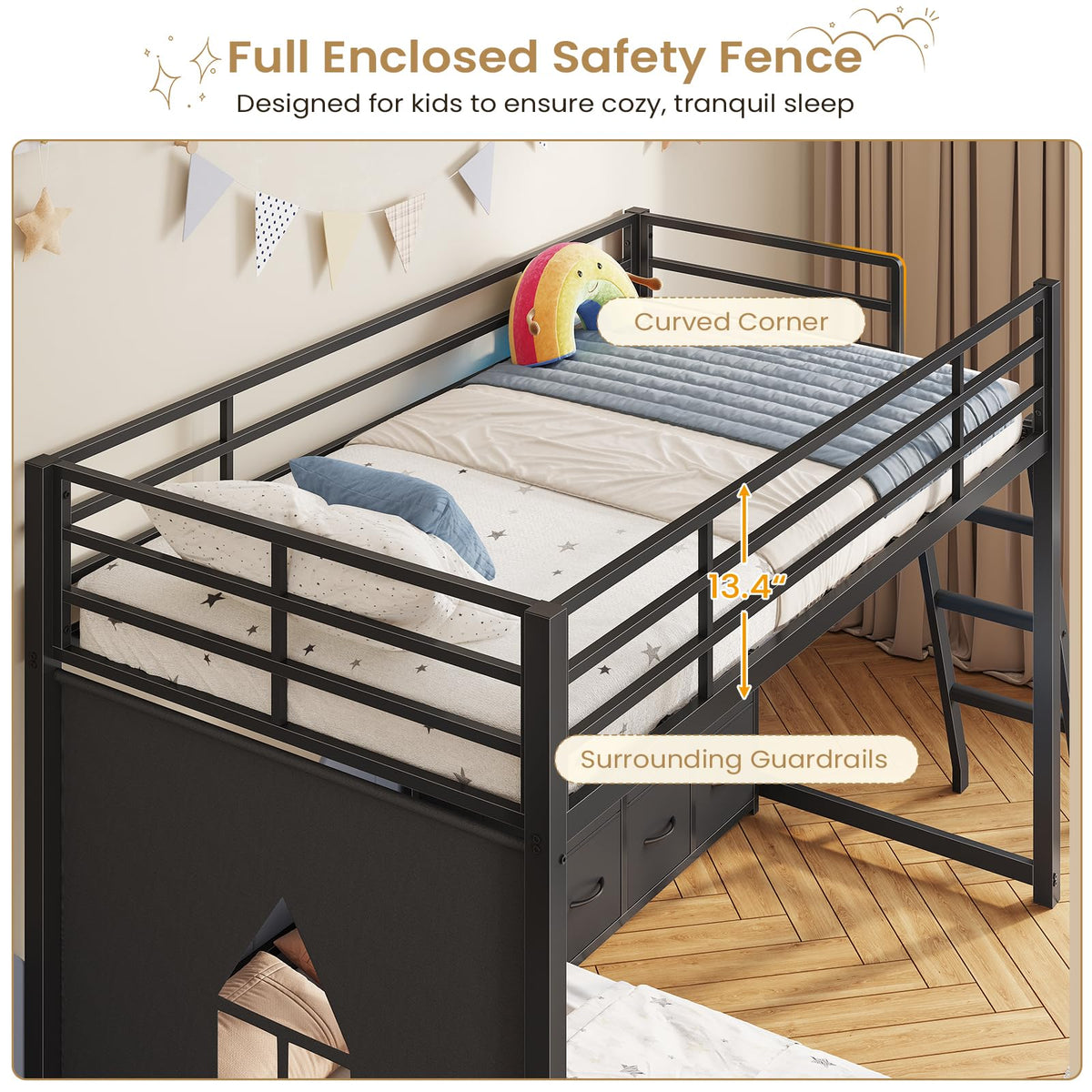 Twin Over Twin L-Shaped Bunk Bed with 9 Storage Drawers, LED Lights, Guardrail & Ladder, Black P864667