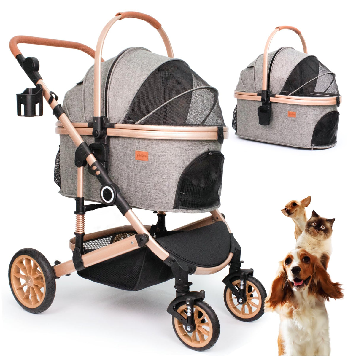 Dog Stroller with Detachable Carrier, Rubber Wheels, 50 lbs, Grey R161