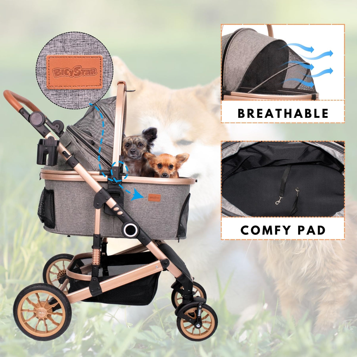 Dog Stroller with Detachable Carrier, Rubber Wheels, 50 lbs, Grey R161