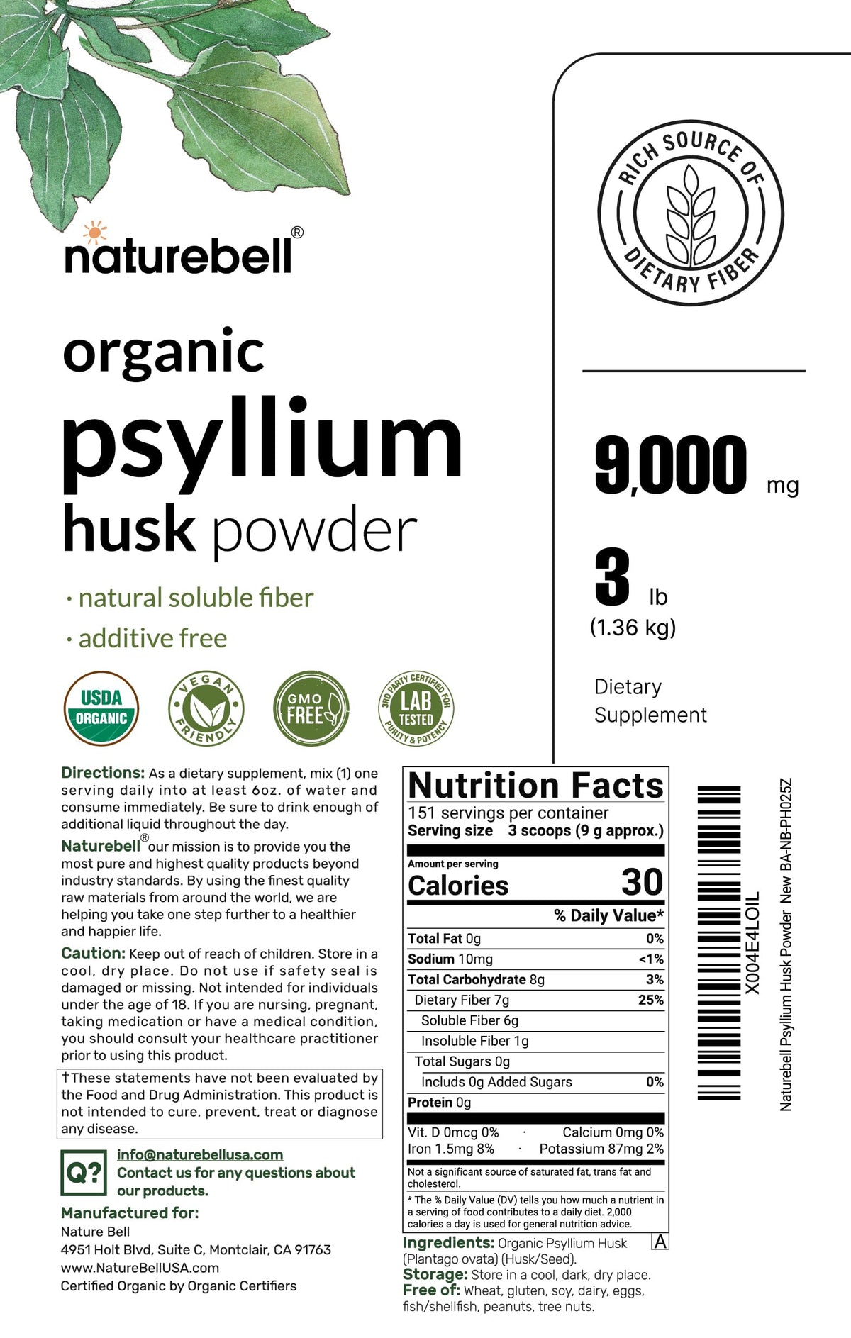 Organic Psyllium Husk Fiber Powder, 3lb, Unflavored T7864