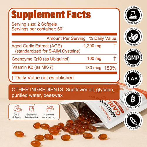 1200 mg Odorless Aged Garlic Extract Softgels with CoQ10 Ubiquinol & Vitamin K2, 120 Softgels M561