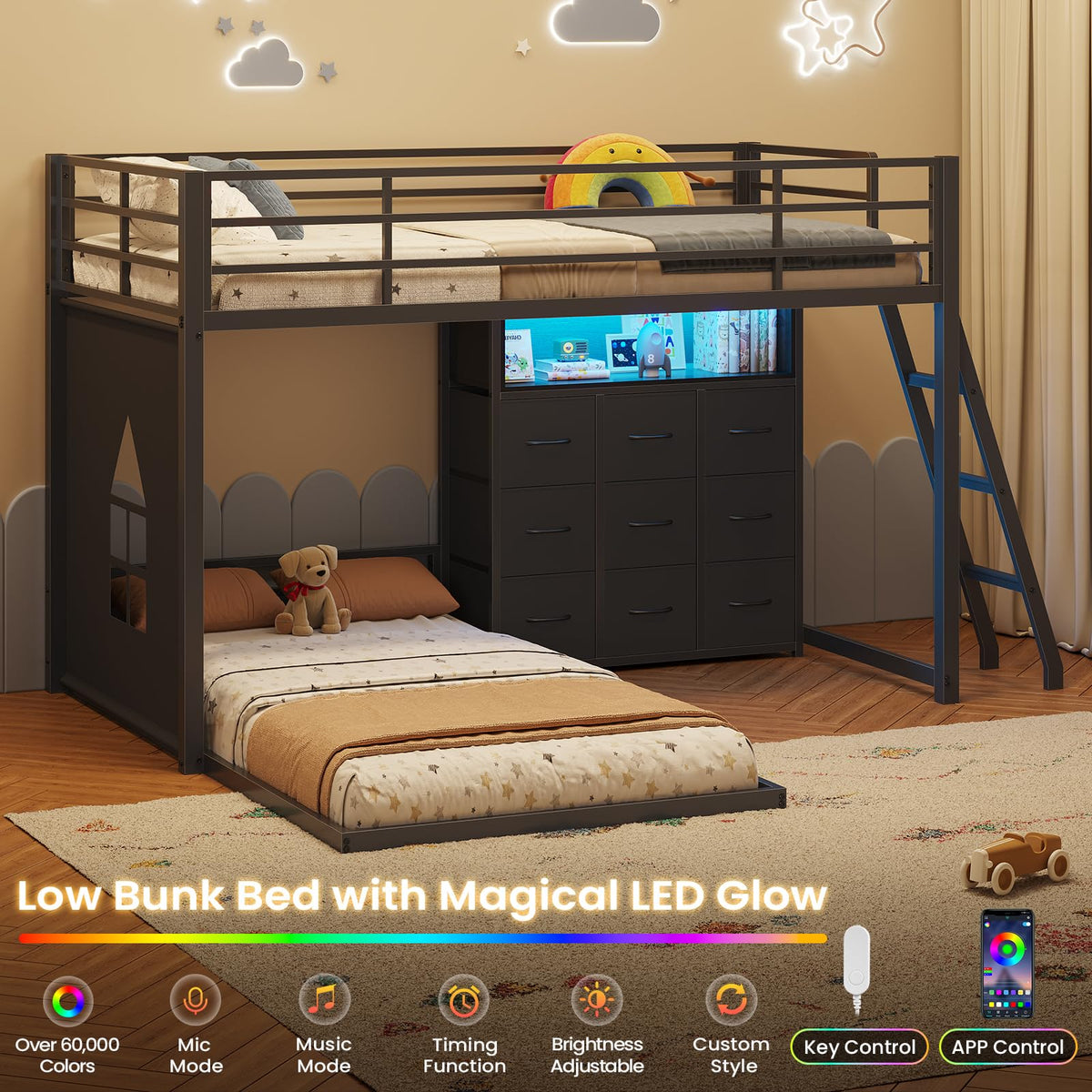 Twin Over Twin L-Shaped Bunk Bed with 9 Storage Drawers, LED Lights, Guardrail & Ladder, Black P864667
