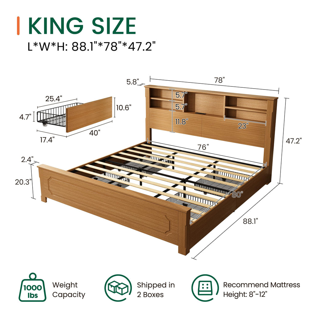 King Bed Frame with Headboard and Storage 4 Drawers Brown H23001