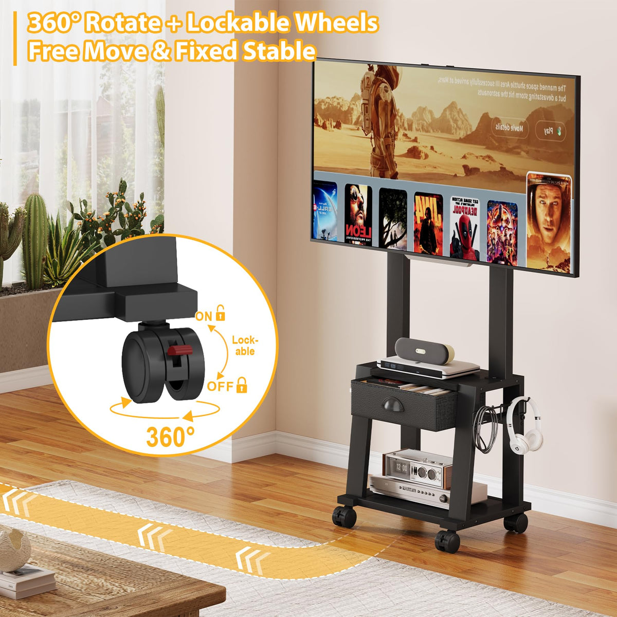 Rolling TV Stand with Storage for 23-60 Inch TVs, Height Adjustable Tilt Mobile TV Mount Cart with Drawer & 2 Shelves K3763