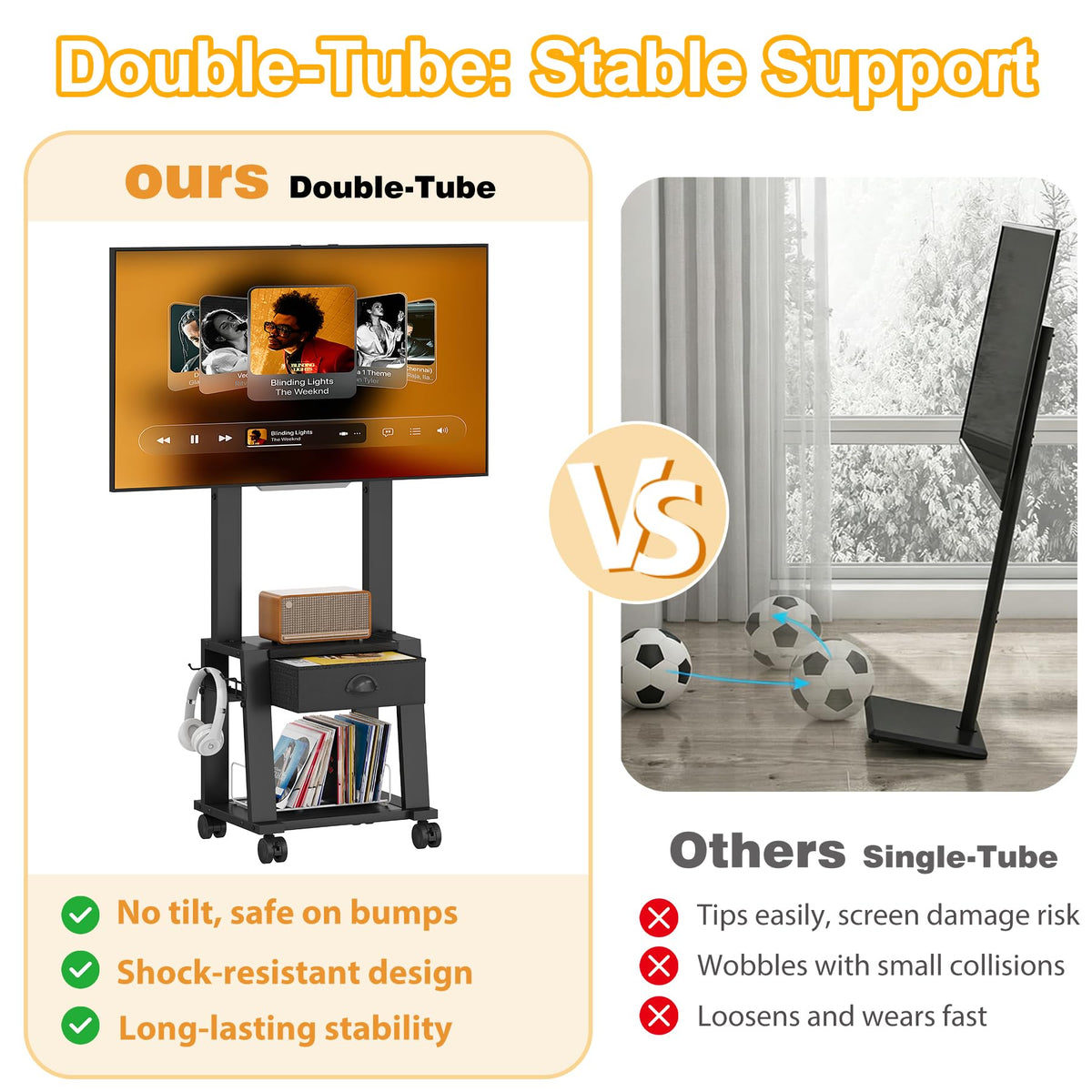 Rolling TV Stand with Storage for 23-60 Inch TVs, Height Adjustable Tilt Mobile TV Mount Cart with Drawer & 2 Shelves K3763