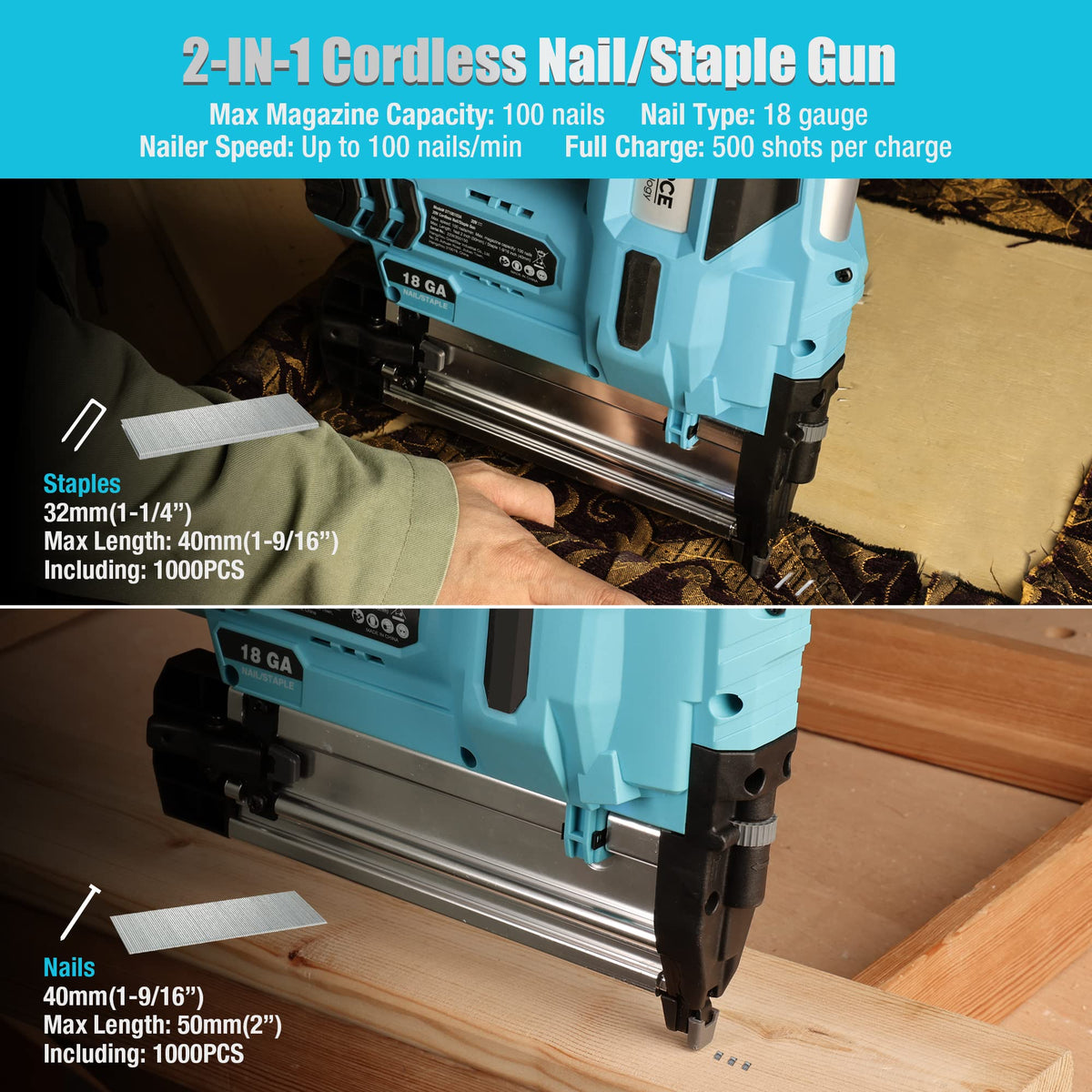 20V Cordless 18 Gauge 2-in-1 Nail Staple Gun F70655