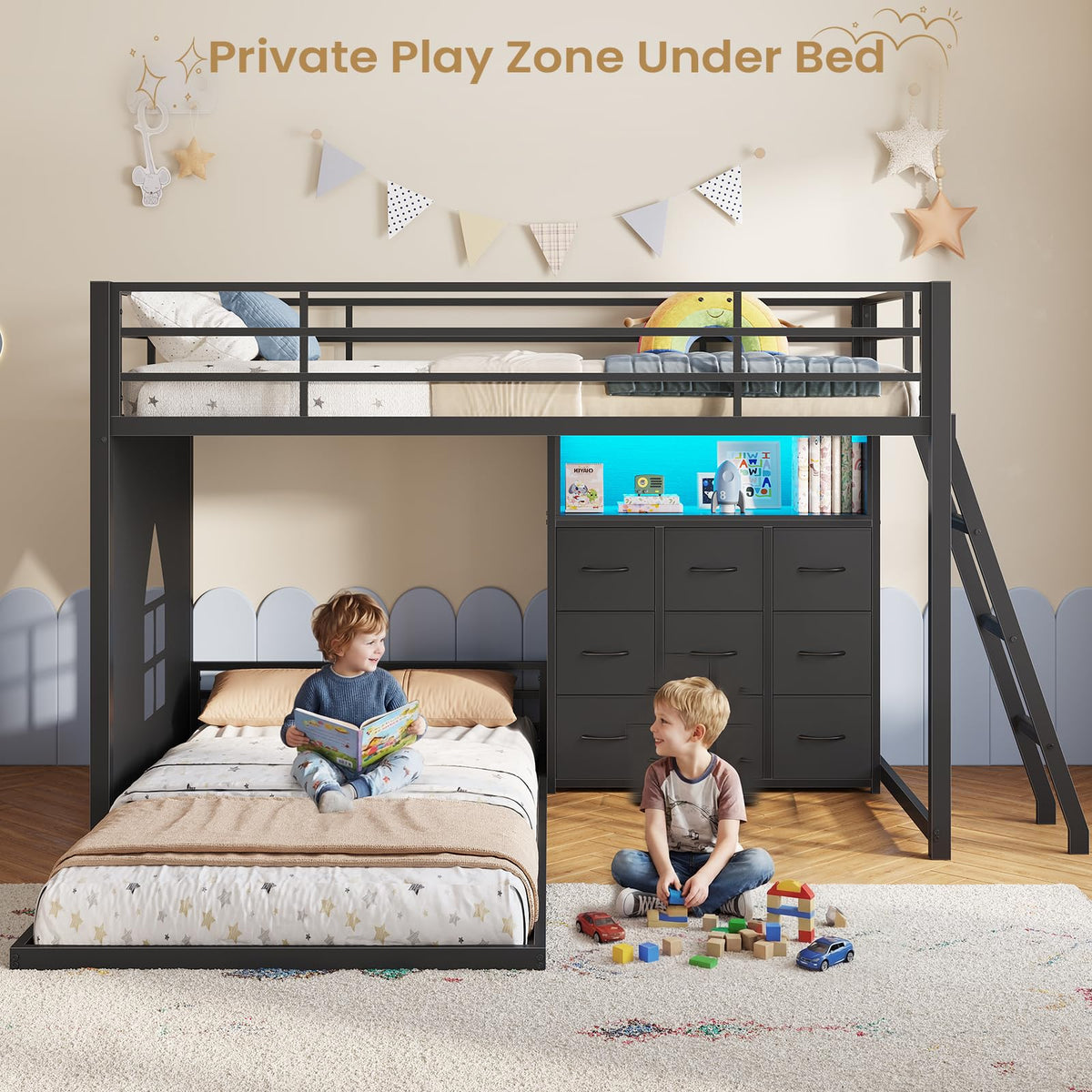 Twin Over Twin L-Shaped Bunk Bed with 9 Storage Drawers, LED Lights, Guardrail & Ladder, Black P864667