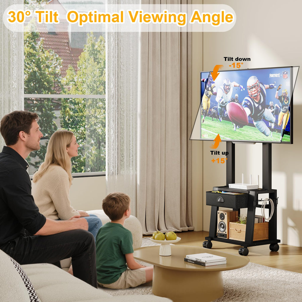 Rolling TV Stand with Storage for 23-60 Inch TVs, Height Adjustable Tilt Mobile TV Mount Cart with Drawer & 2 Shelves K3763