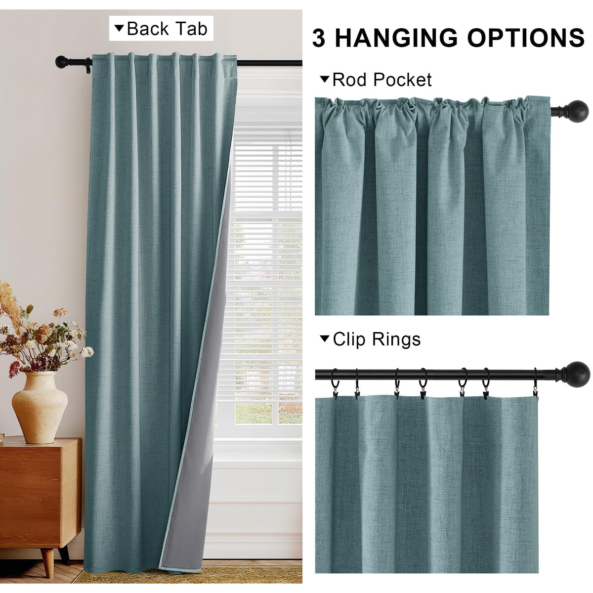 Teal Natural Linen Blackout Curtains 84 inch 2 Panels Set A44754