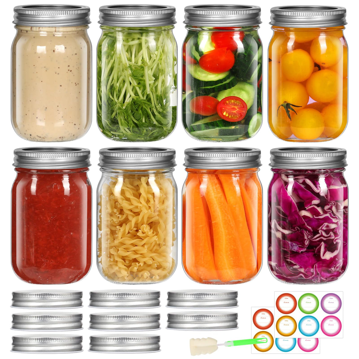 12 oz 8 Pack Regular Mouth Glass Mason Jars with Airtight Lids Z827