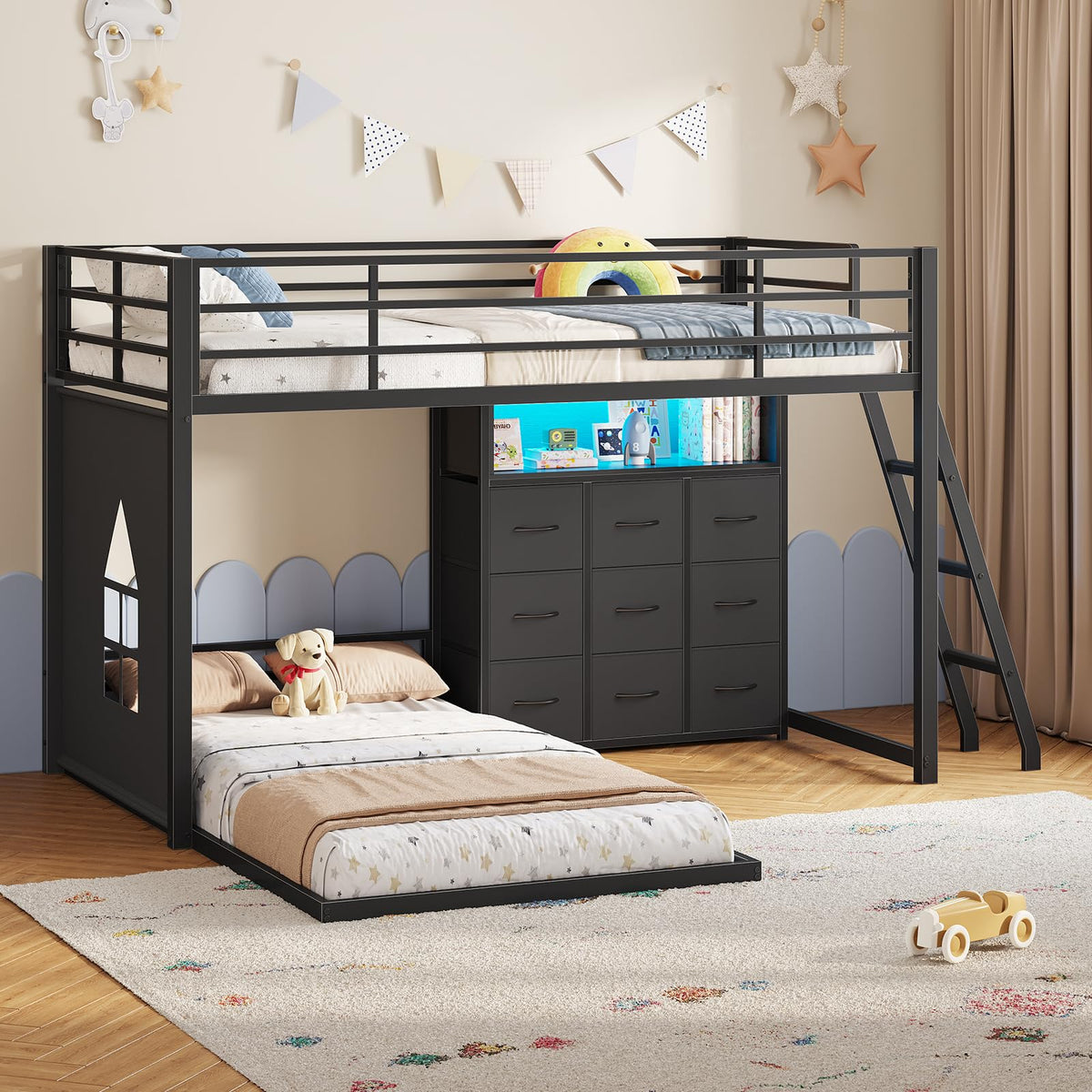Twin Over Twin L-Shaped Bunk Bed with 9 Storage Drawers, LED Lights, Guardrail & Ladder, Black P864667
