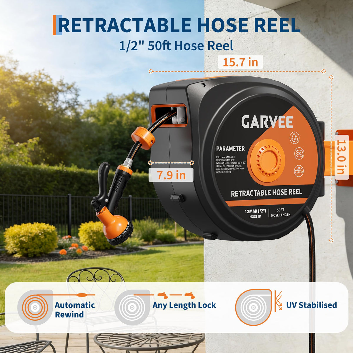 1/2 Inch x 50 ft Wall Mounted Garden Hose Reel with 10 Patterns Nozzle B14102