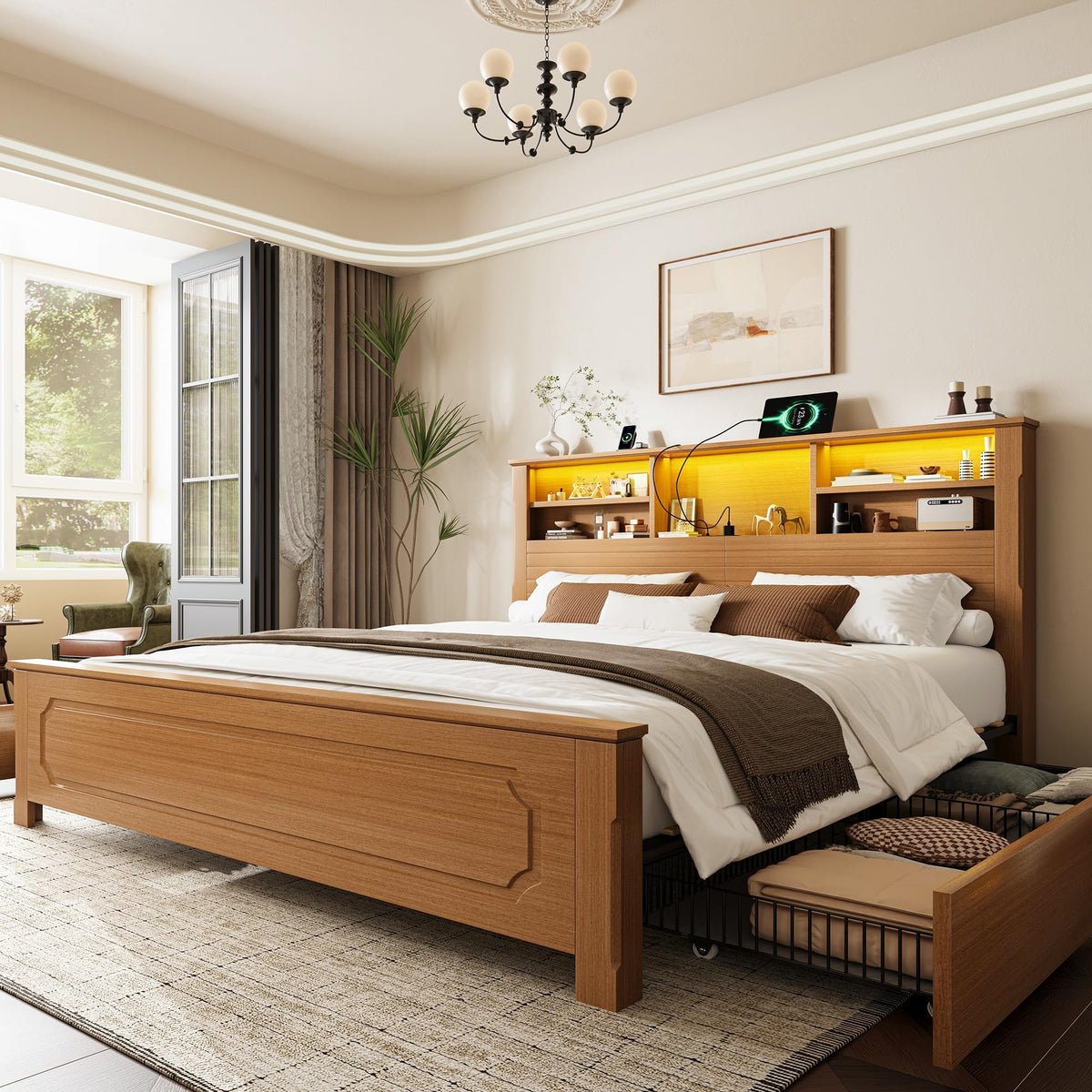King Bed Frame with Headboard and Storage 4 Drawers Brown H23001