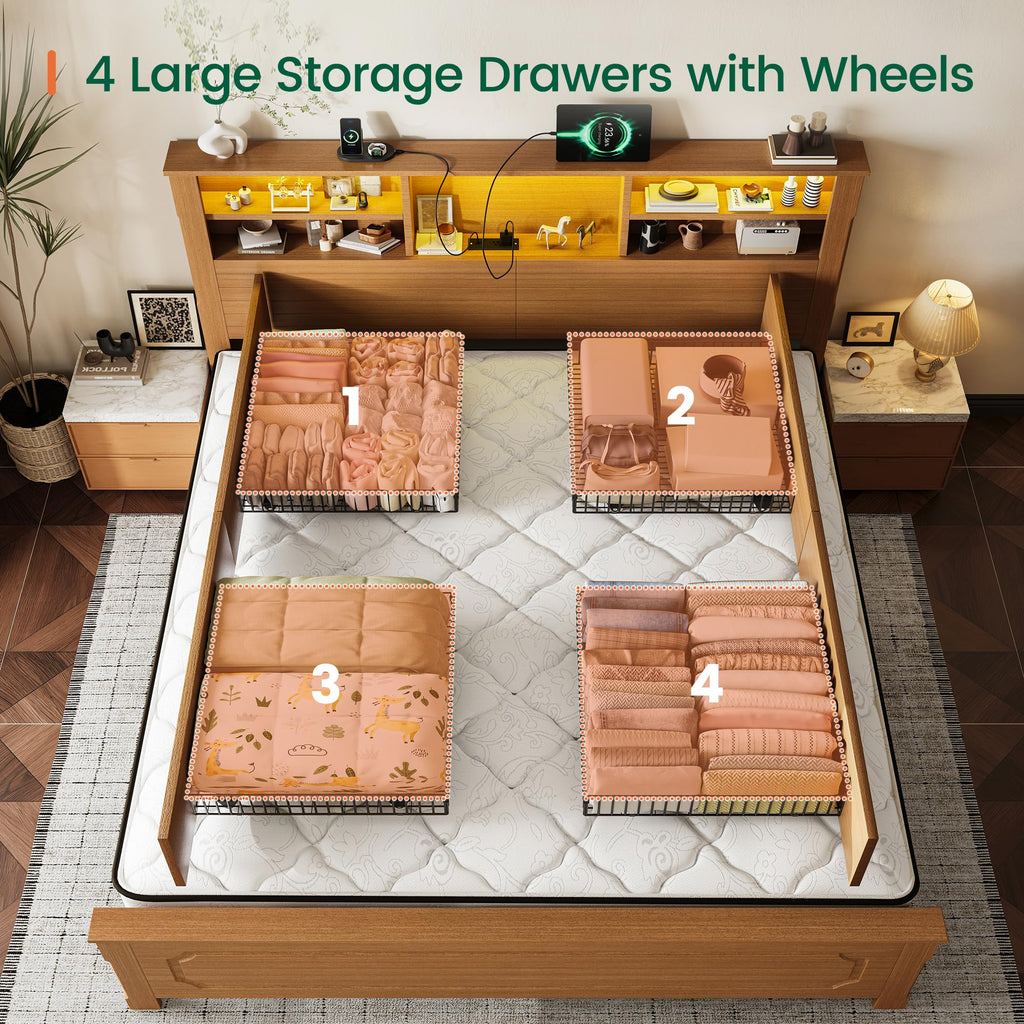 King Bed Frame with Headboard and Storage 4 Drawers Brown H23001