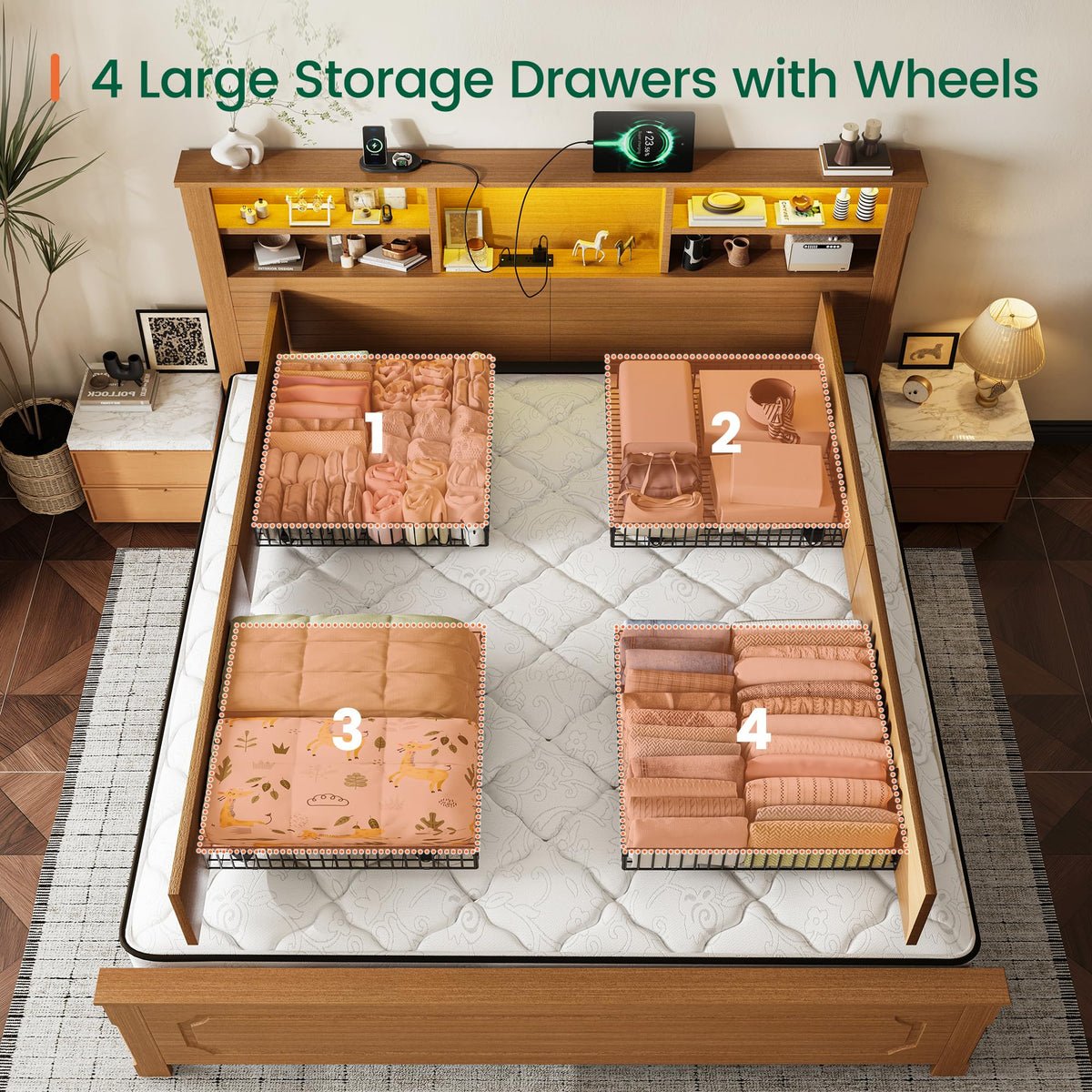King Bed Frame with Headboard and Storage 4 Drawers Brown H23001